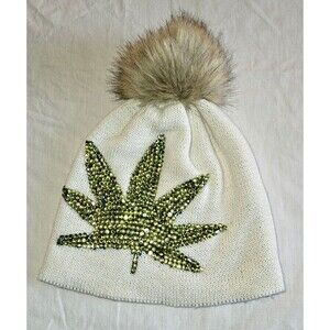 Women Knit Beanie Hat White Blue Pot Leaf Design Bling Pom Pom One Size